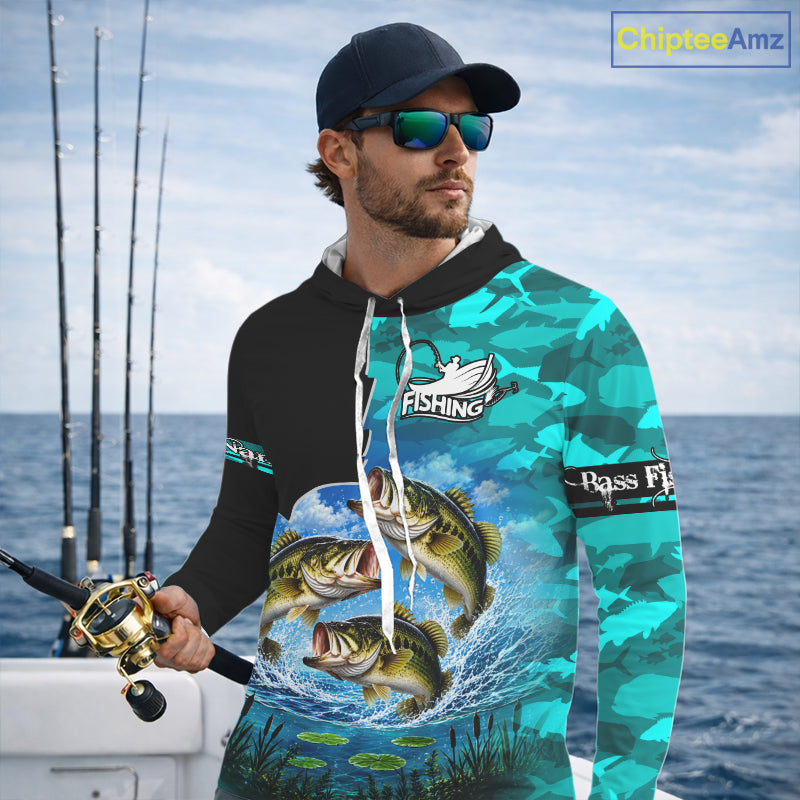 Custom Blue Camo Bass Fishing Long Sleeve Hooded Fishing Shirts, Personalized Bass Fishing Team Jerseys