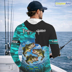 Custom Blue Camo Bass Fishing Long Sleeve Hooded Fishing Shirts, Personalized Bass Fishing Team Jerseys