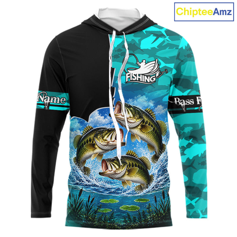 Custom Blue Camo Bass Fishing Long Sleeve Hooded Fishing Shirts, Personalized Bass Fishing Team Jerseys