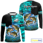 Custom Blue Camo Bass Fishing Long Sleeve Fishing Shirts, Personalized Bass Fishing Team Jerseys