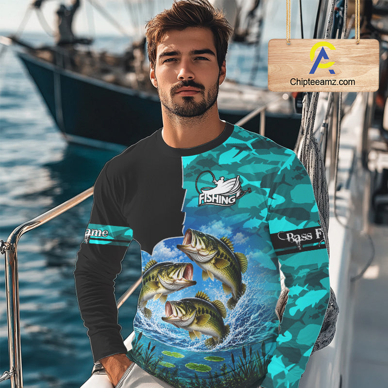 Custom Blue Camo Bass Fishing Long Sleeve Fishing Shirts, Personalized Bass Fishing Team Jerseys