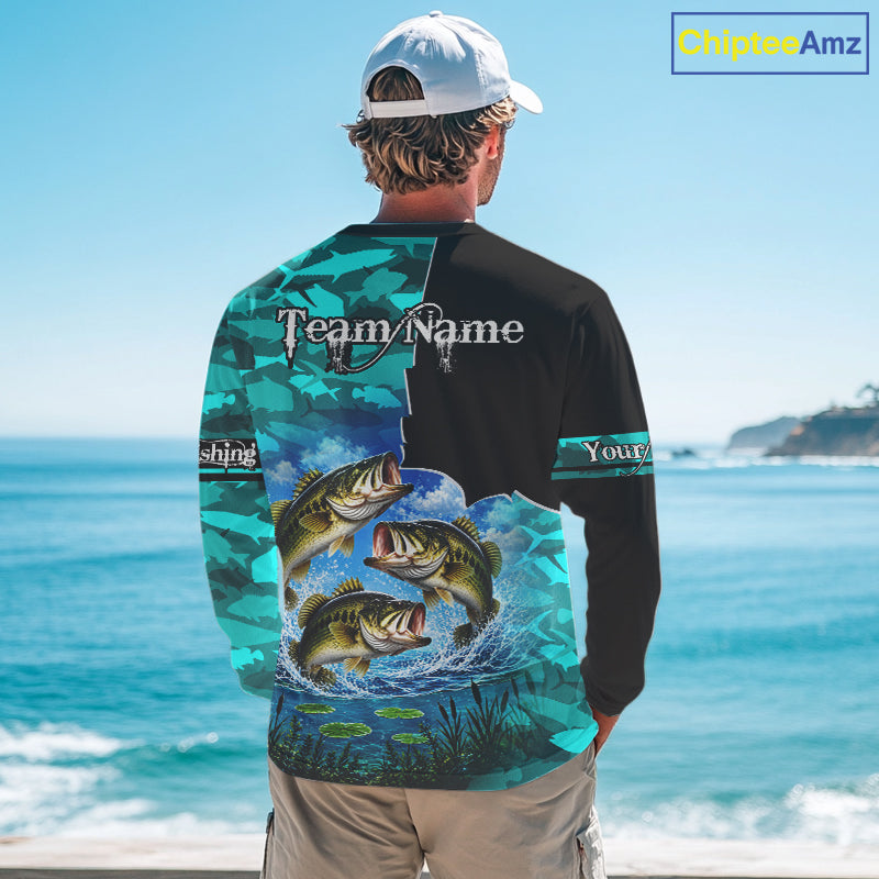 Custom Blue Camo Bass Fishing Long Sleeve Fishing Shirts, Personalized Bass Fishing Team Jerseys