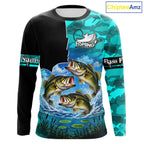 Custom Blue Camo Bass Fishing Long Sleeve Fishing Shirts, Personalized Bass Fishing Team Jerseys