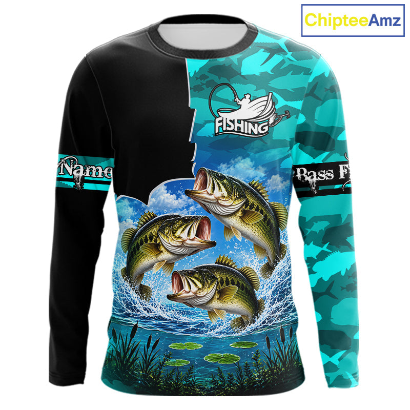 Custom Blue Camo Bass Fishing Long Sleeve Fishing Shirts, Personalized Bass Fishing Team Jerseys