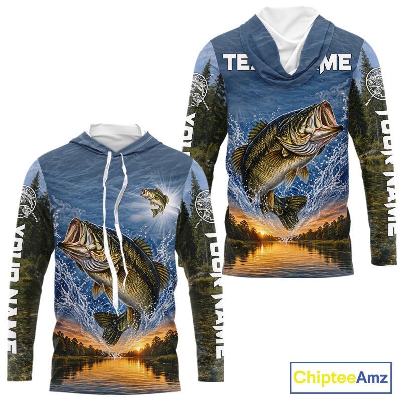 Personalized Bass Fishing Jerseys, Custom Camo Long Sleeve Hooded Bass Fishing Tournament Fishing Shirts