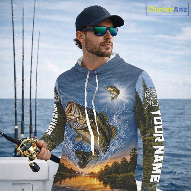 Personalized Bass Fishing Jerseys, Custom Camo Long Sleeve Hooded Bass Fishing Tournament Fishing Shirts