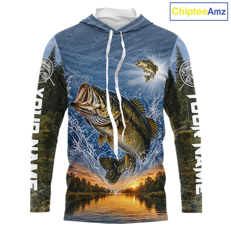 Personalized Bass Fishing Jerseys, Custom Camo Long Sleeve Hooded Bass Fishing Tournament Fishing Shirts