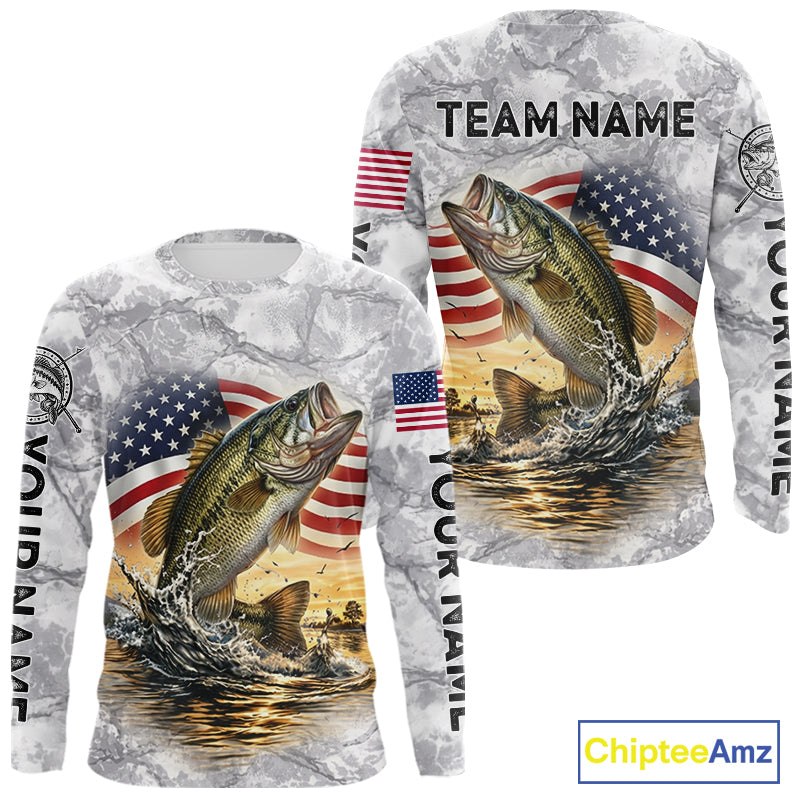 Largemouth Bass Fishing American Flag Long Sleeve Tournament Shirts, Bass Fishing League Shirt