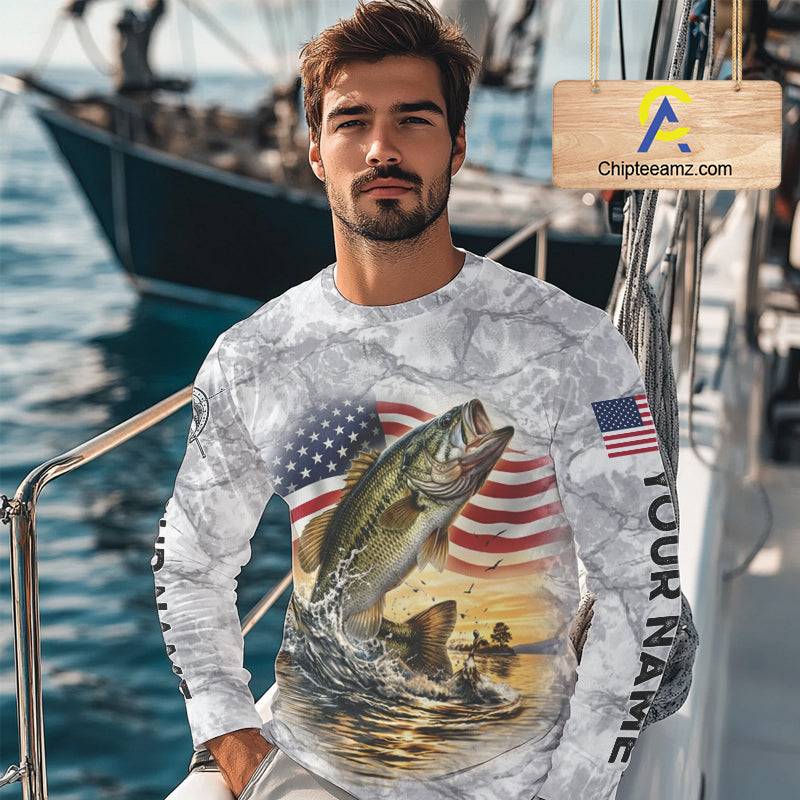 Largemouth Bass Fishing American Flag Long Sleeve Tournament Shirts, Bass Fishing League Shirt