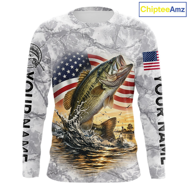 Largemouth Bass Fishing American Flag Long Sleeve Tournament Shirts, Bass Fishing League Shirt