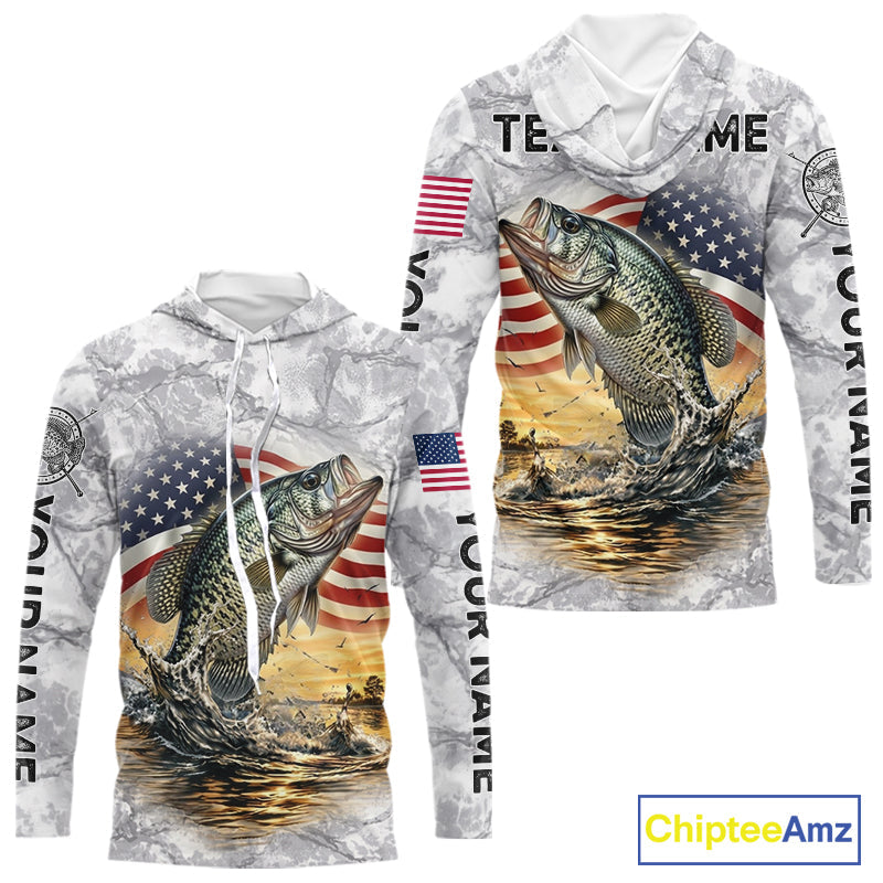 Crappie Fishing American Flag Long Sleeve Hooded Tournament Shirts, Crappie Fishing League Shirt