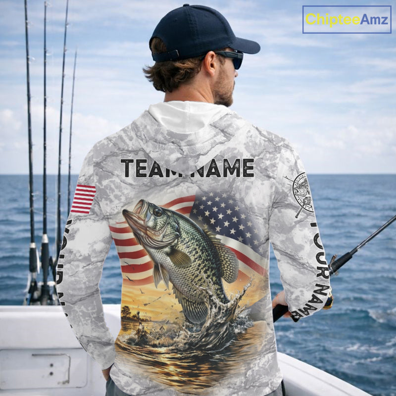 Crappie Fishing American Flag Long Sleeve Hooded Tournament Shirts, Crappie Fishing League Shirt