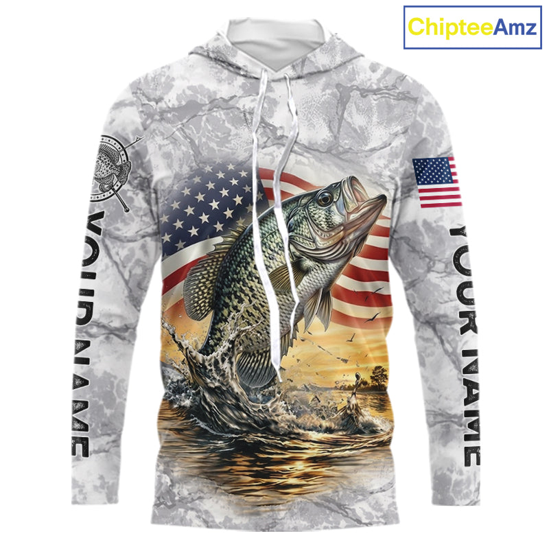 Crappie Fishing American Flag Long Sleeve Hooded Tournament Shirts, Crappie Fishing League Shirt