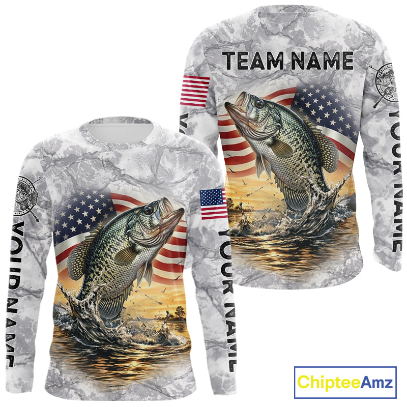 Crappie Fishing American Flag Long Sleeve Tournament Shirts, Crappie Fishing League Shirt