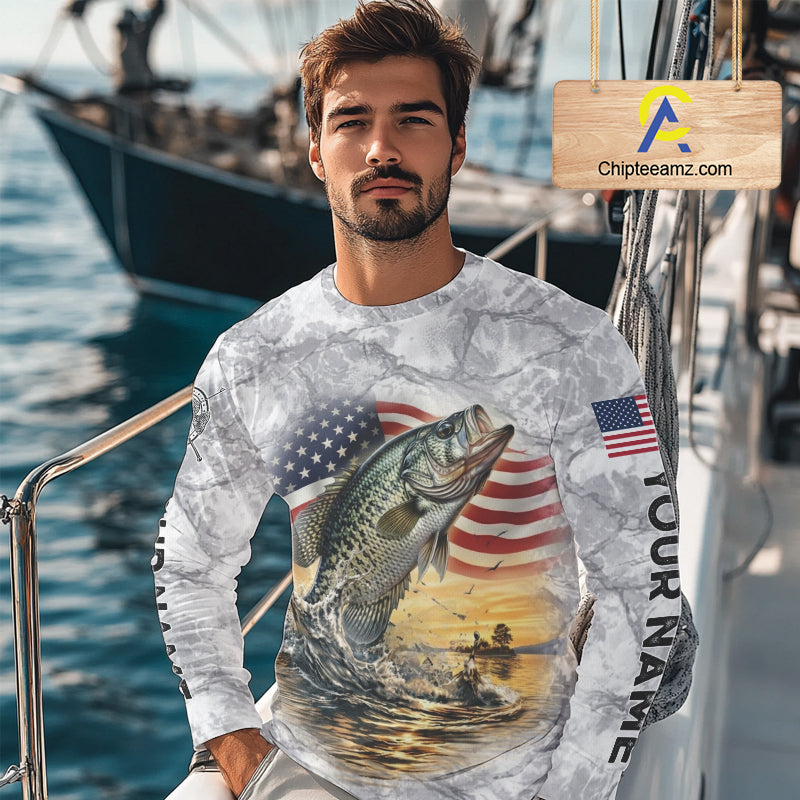 Crappie Fishing American Flag Long Sleeve Tournament Shirts, Crappie Fishing League Shirt