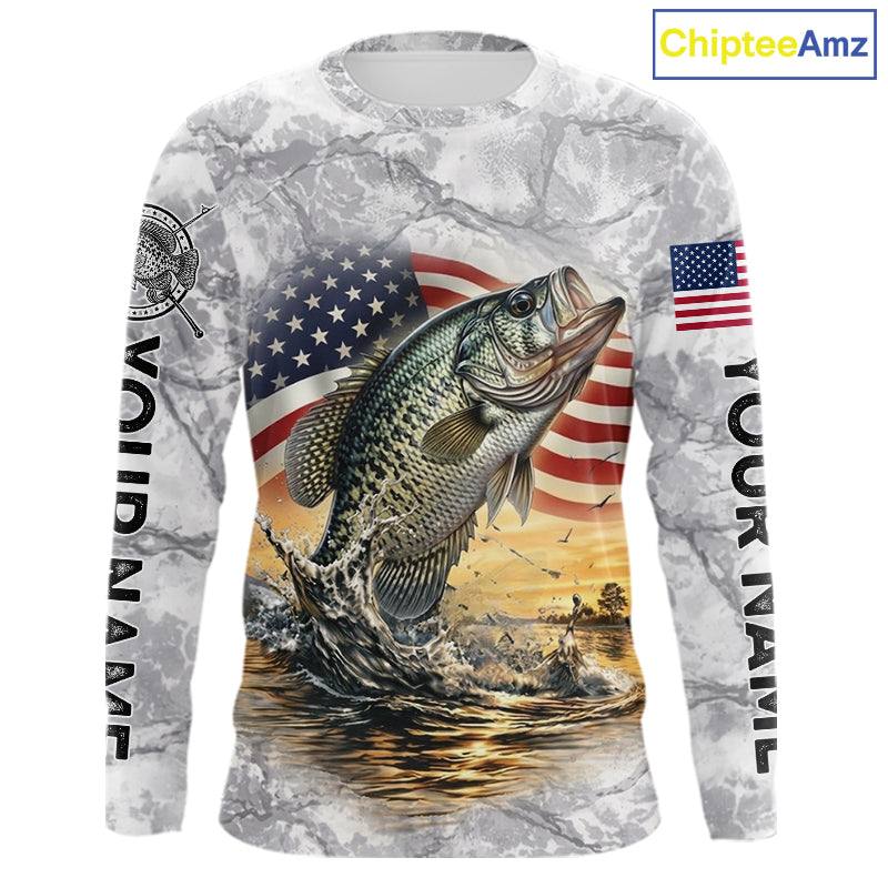 Crappie Fishing American Flag Long Sleeve Tournament Shirts, Crappie Fishing League Shirt