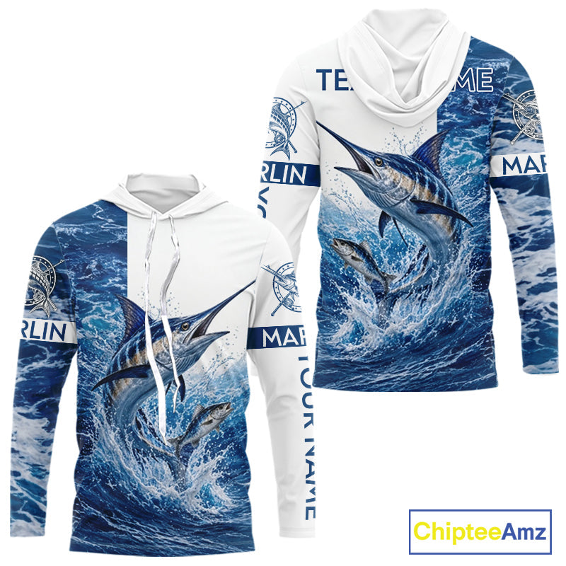 Custom Marlin Fishing Camo Fishing Shirts Long Sleeve Hooded, Personalized Marlin Fishing Team Jerseys