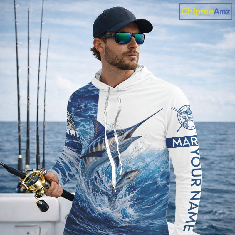 Custom Marlin Fishing Camo Fishing Shirts Long Sleeve Hooded, Personalized Marlin Fishing Team Jerseys