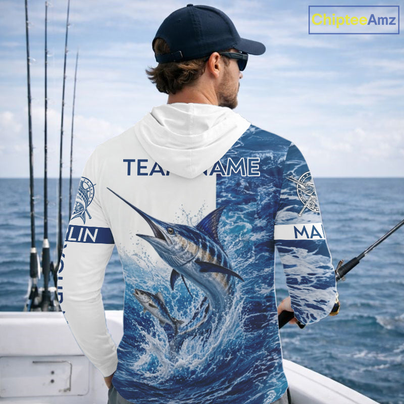 Custom Marlin Fishing Camo Fishing Shirts Long Sleeve Hooded, Personalized Marlin Fishing Team Jerseys