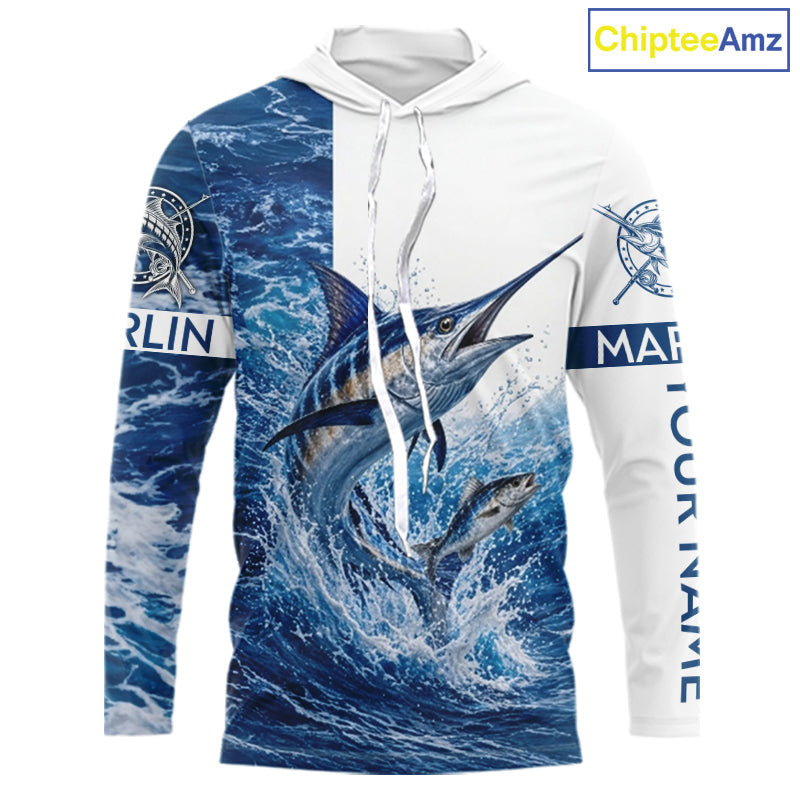 Custom Marlin Fishing Camo Fishing Shirts Long Sleeve Hooded, Personalized Marlin Fishing Team Jerseys