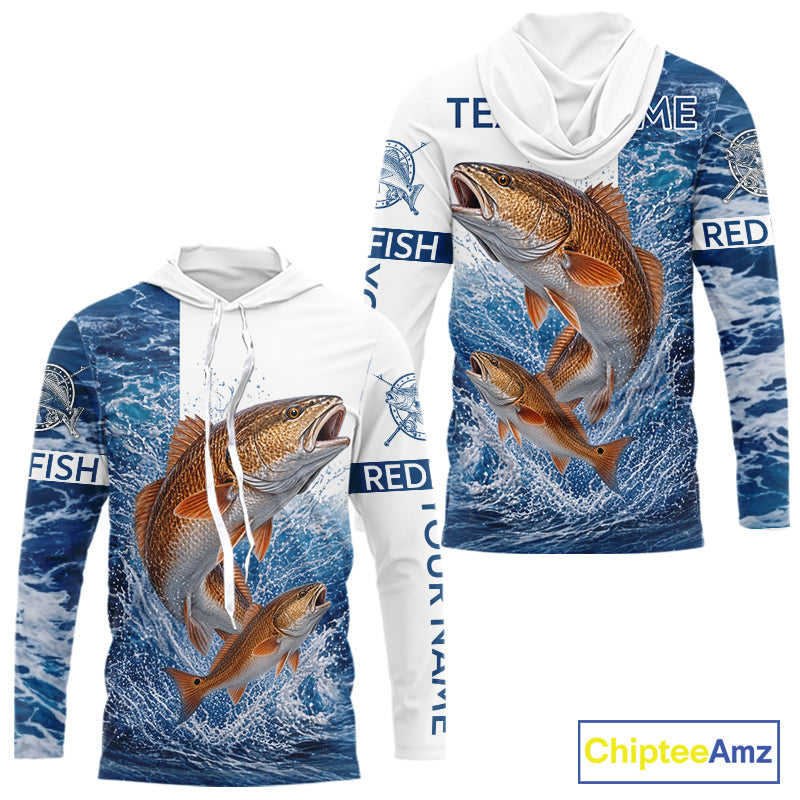 Custom Redfish Fishing Camo Fishing Shirts Long Sleeve Hooded, Personalized Redish Fishing Team Jerseys