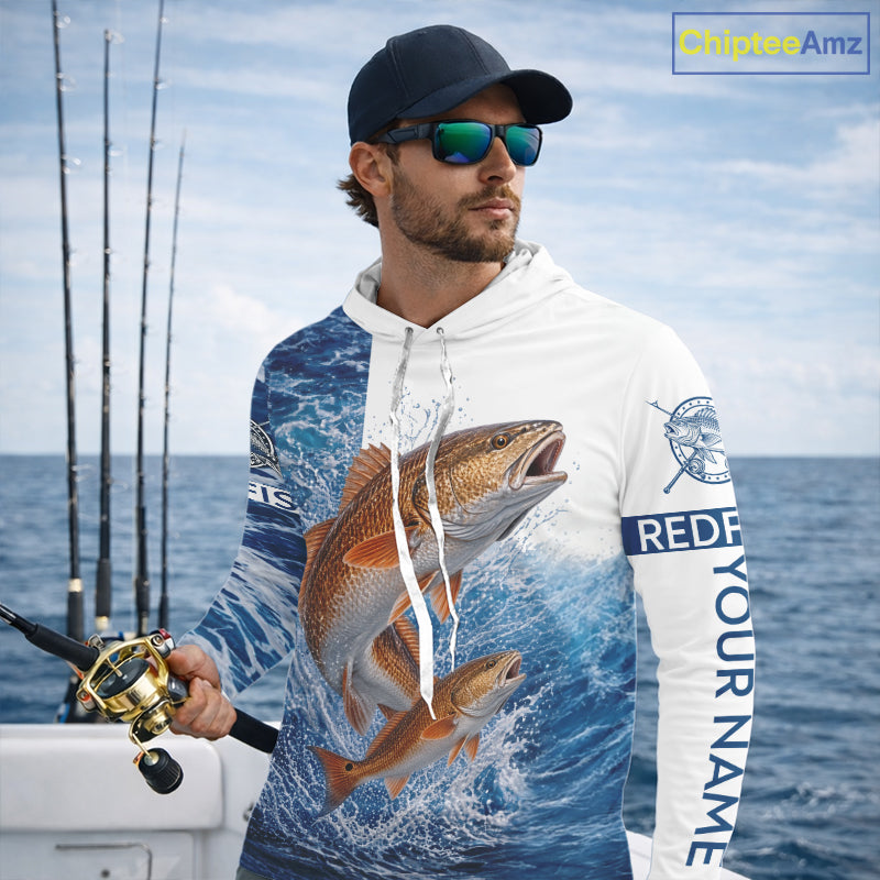 Custom Redfish Fishing Camo Fishing Shirts Long Sleeve Hooded, Personalized Redish Fishing Team Jerseys