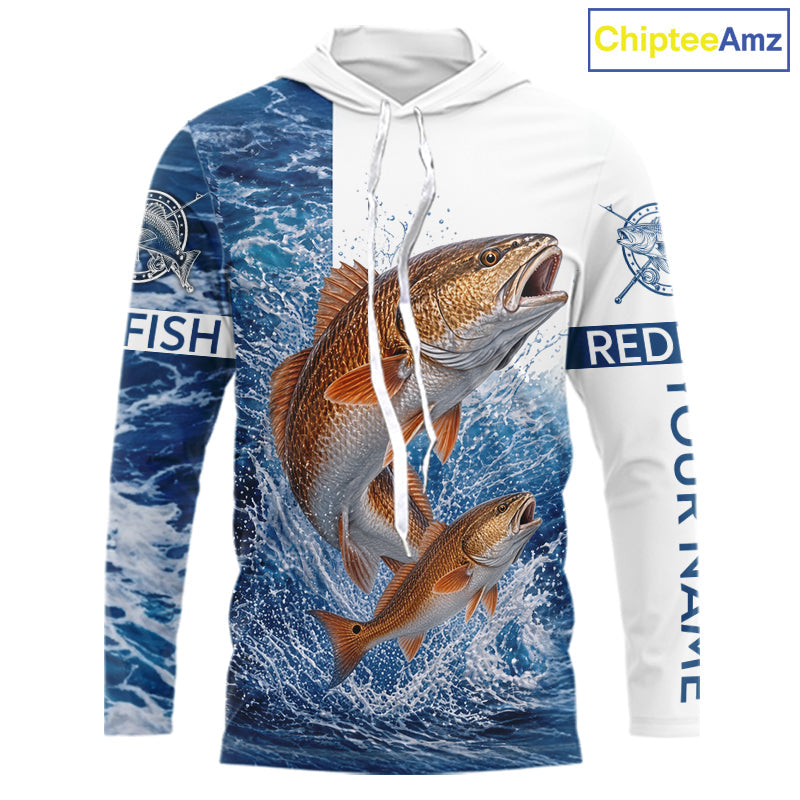 Custom Redfish Fishing Camo Fishing Shirts Long Sleeve Hooded, Personalized Redish Fishing Team Jerseys