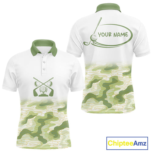 Green And White Camo Golf Polo Shirts Customized Camouflage Golf Shirts, Golfer Gifts