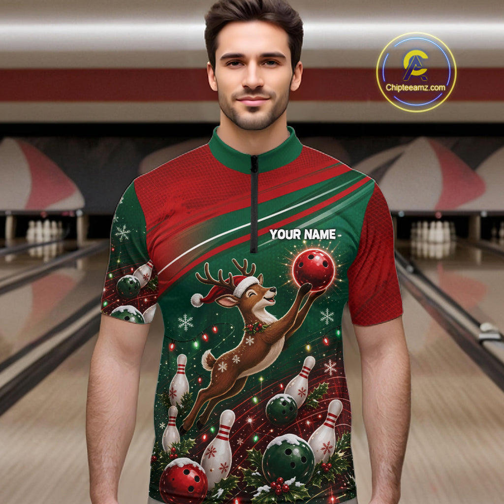 Christmas Deer Bowling Shirts Custom Christmas Bowling Team Jerseys, Xmas Bowler Gift