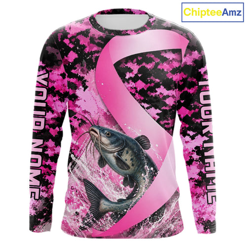 Pink Ribbon Camouflage Catfish Fishing Breast Cancer Custom Sun Protection Long Sleeves Fishing Shirts
