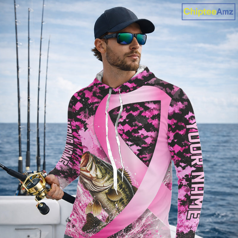 Pink Ribbon Camouflage Bass Fishing Breast Cancer Custom Sun Protection Long Sleeves Hooded Fishing Shirts