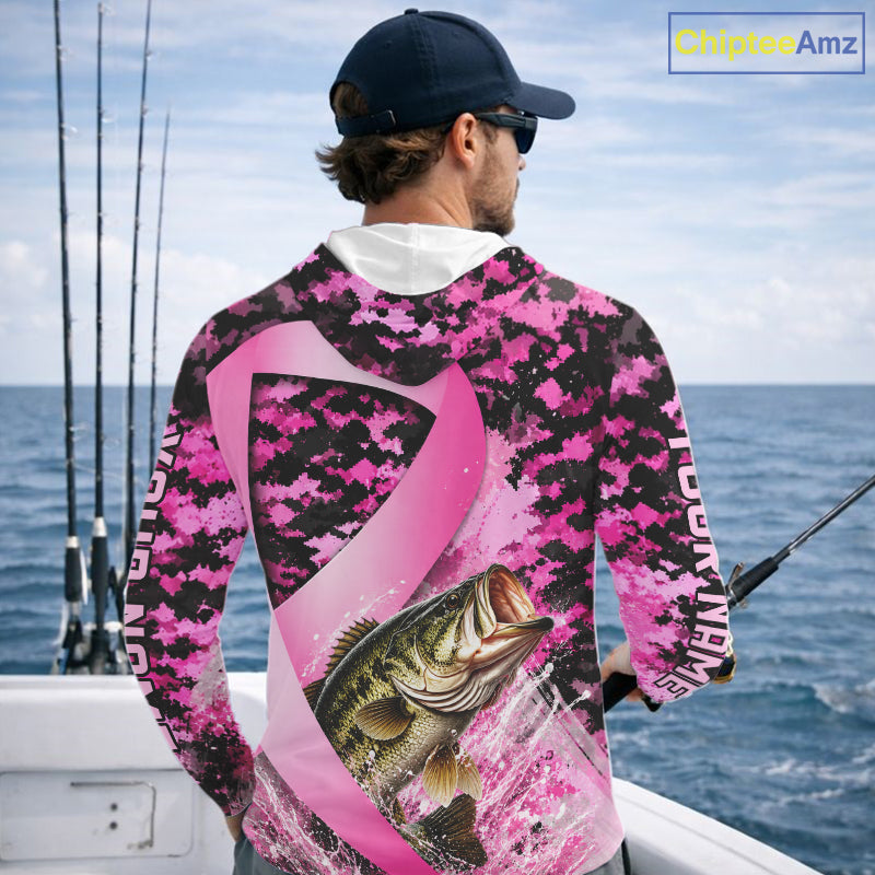 Pink Ribbon Camouflage Bass Fishing Breast Cancer Custom Sun Protection Long Sleeves Hooded Fishing Shirts