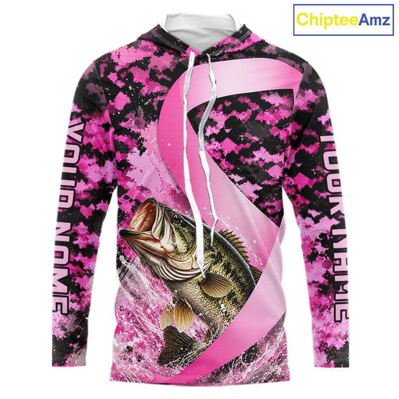 Pink Ribbon Camouflage Bass Fishing Breast Cancer Custom Sun Protection Long Sleeves Hooded Fishing Shirts