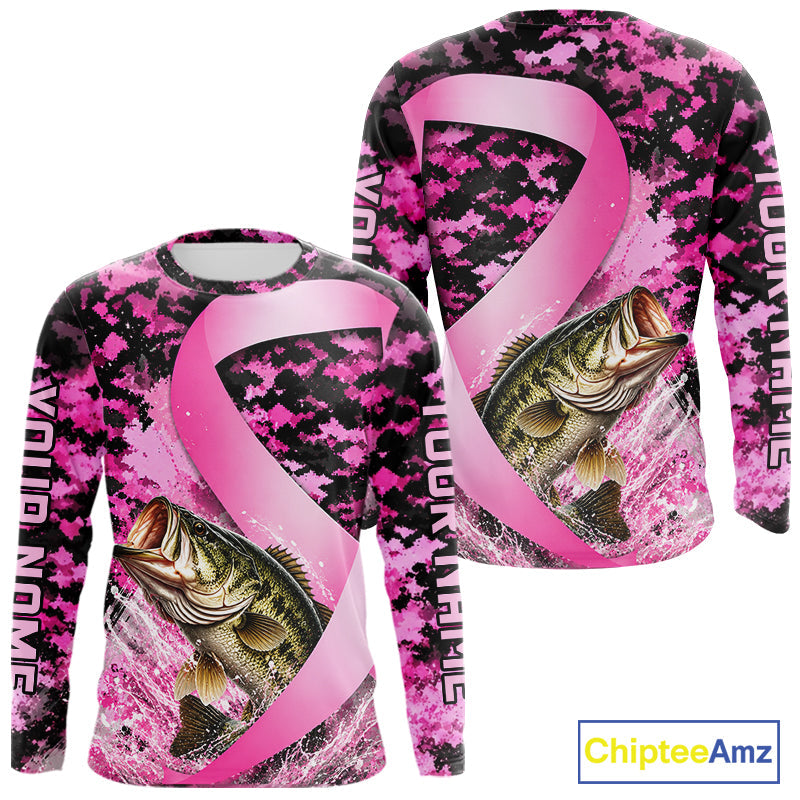 Pink Ribbon Camouflage Bass Fishing Breast Cancer Custom Sun Protection Long Sleeves Fishing Shirts
