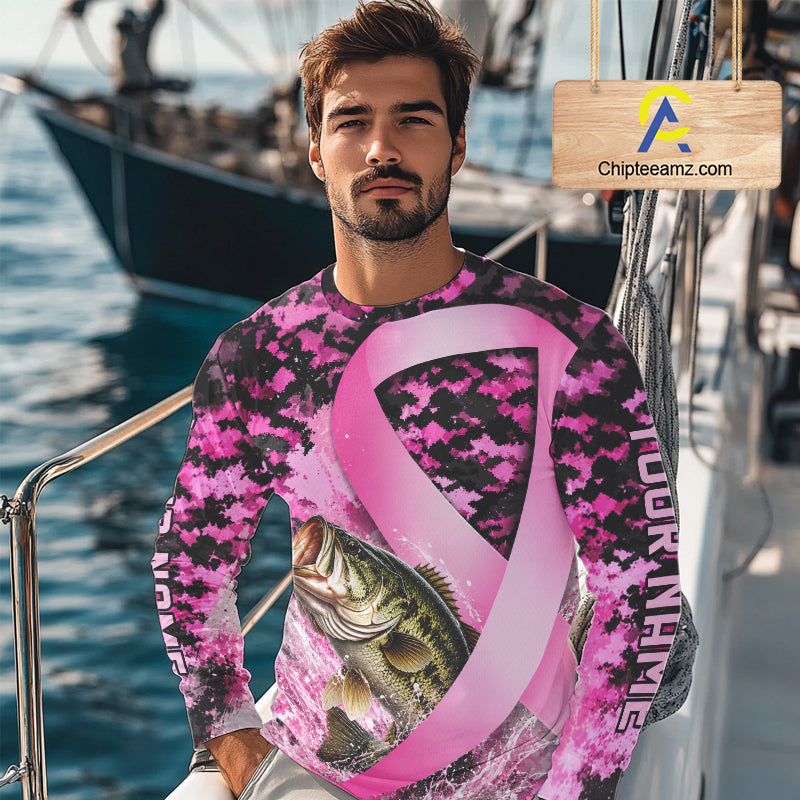 Pink Ribbon Camouflage Bass Fishing Breast Cancer Custom Sun Protection Long Sleeves Fishing Shirts