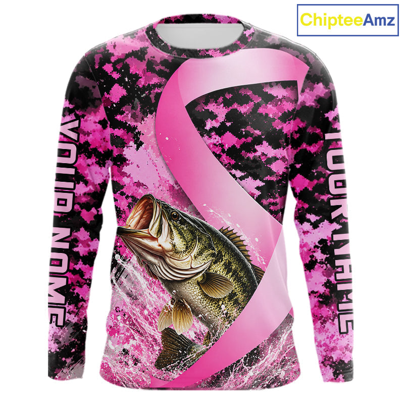 Pink Ribbon Camouflage Bass Fishing Breast Cancer Custom Sun Protection Long Sleeves Fishing Shirts