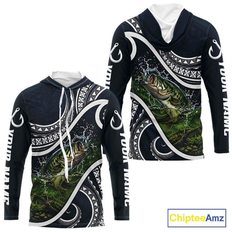 Blue Tribal Pattern Custom Largemouth Bass Long Sleeve Hooded Fishing Shirts, Bass Fishing Shirts For Team