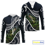 Blue Tribal Pattern Custom Largemouth Bass Long Sleeve Hooded Fishing Shirts, Bass Fishing Shirts For Team