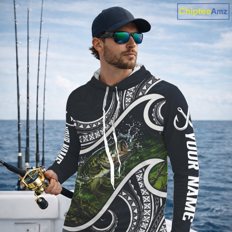 Blue Tribal Pattern Custom Largemouth Bass Long Sleeve Hooded Fishing Shirts, Bass Fishing Shirts For Team