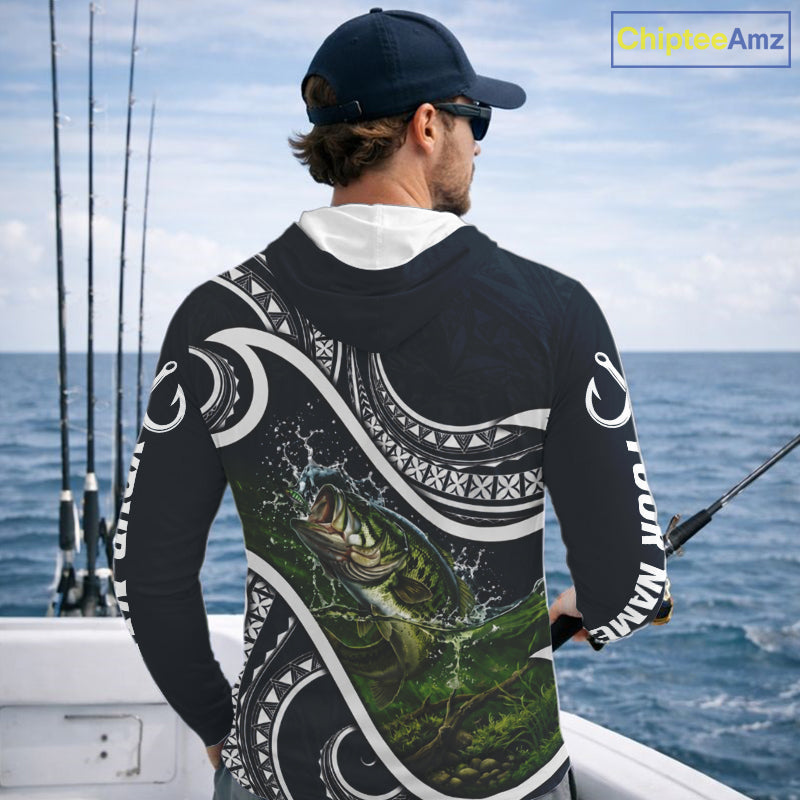 Blue Tribal Pattern Custom Largemouth Bass Long Sleeve Hooded Fishing Shirts, Bass Fishing Shirts For Team