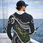Blue Tribal Pattern Custom Largemouth Bass Long Sleeve Hooded Fishing Shirts, Bass Fishing Shirts For Team