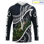 Blue Tribal Pattern Custom Largemouth Bass Long Sleeve Hooded Fishing Shirts, Bass Fishing Shirts For Team