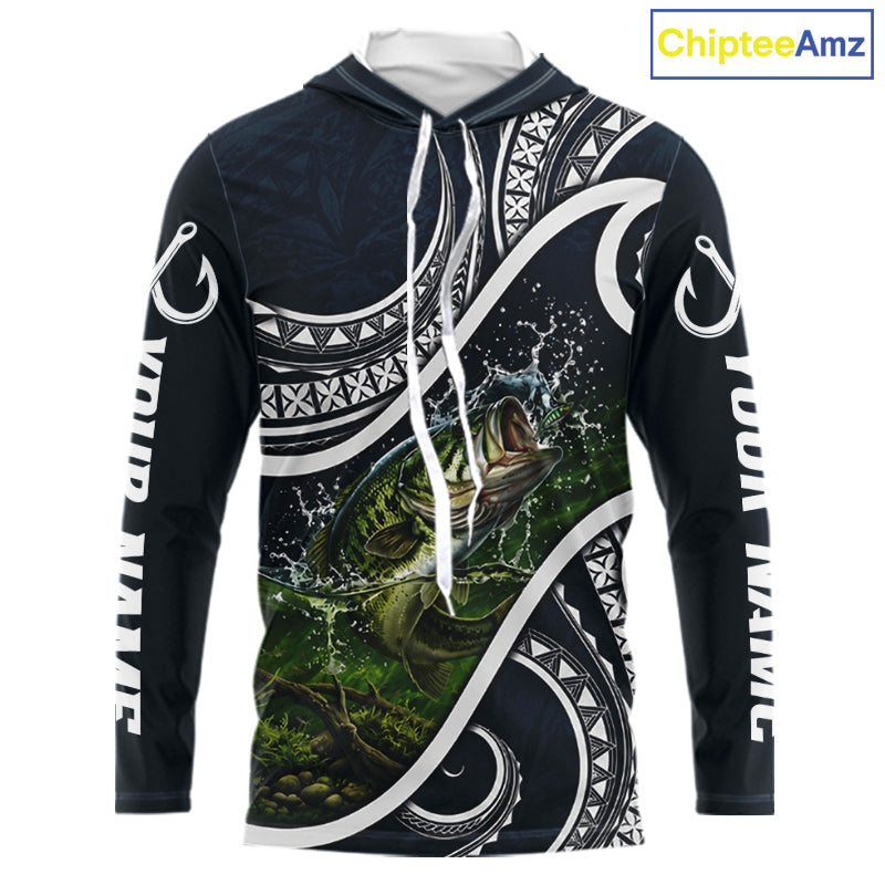 Blue Tribal Pattern Custom Largemouth Bass Long Sleeve Hooded Fishing Shirts, Bass Fishing Shirts For Team