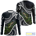 Blue Tribal Pattern Custom Largemouth Bass Long Sleeve Fishing Shirts, Bass Fishing Shirts For Team