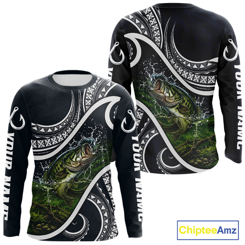 Blue Tribal Pattern Custom Largemouth Bass Long Sleeve Fishing Shirts, Bass Fishing Shirts For Team