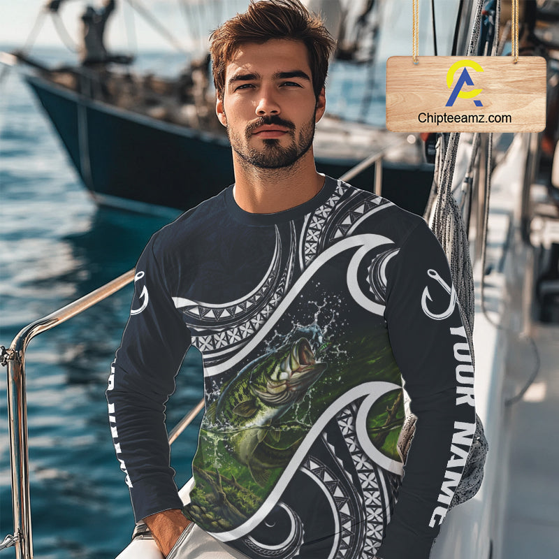 Blue Tribal Pattern Custom Largemouth Bass Long Sleeve Fishing Shirts, Bass Fishing Shirts For Team