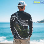 Blue Tribal Pattern Custom Largemouth Bass Long Sleeve Fishing Shirts, Bass Fishing Shirts For Team