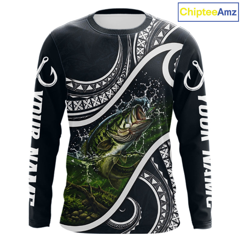 Blue Tribal Pattern Custom Largemouth Bass Long Sleeve Fishing Shirts, Bass Fishing Shirts For Team