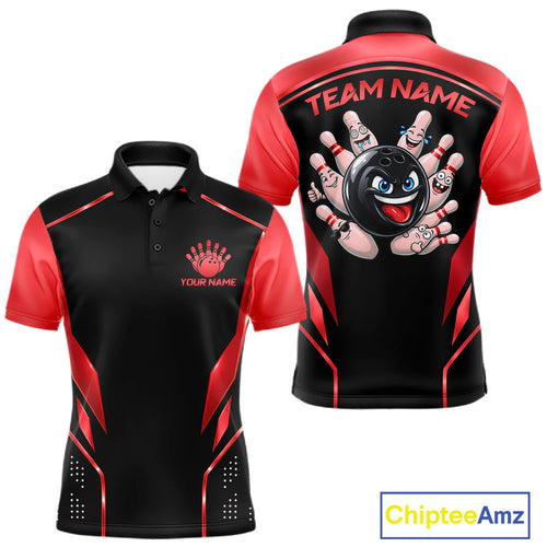 Black and Red Funny Bowling Ball Polo, Quarter Zip Shirts Custom Bowling Team Jerseys
