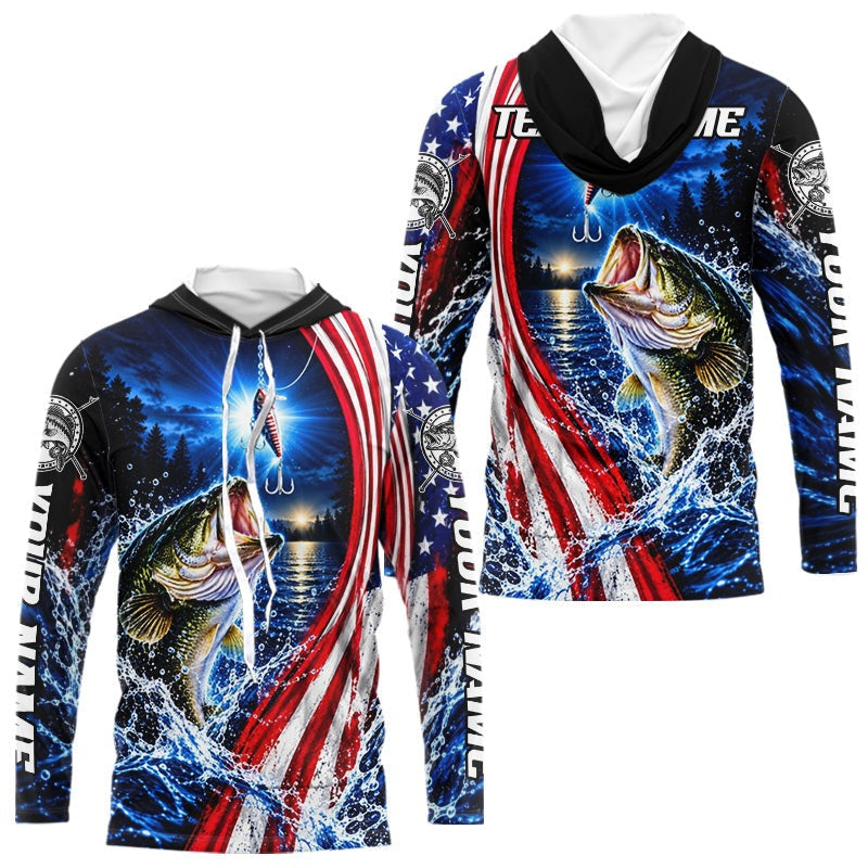American Flag Bass Fishing Custom Long Sleeve Hooded Fishing Shirts, Tournament Bass Fishing Jerseys
